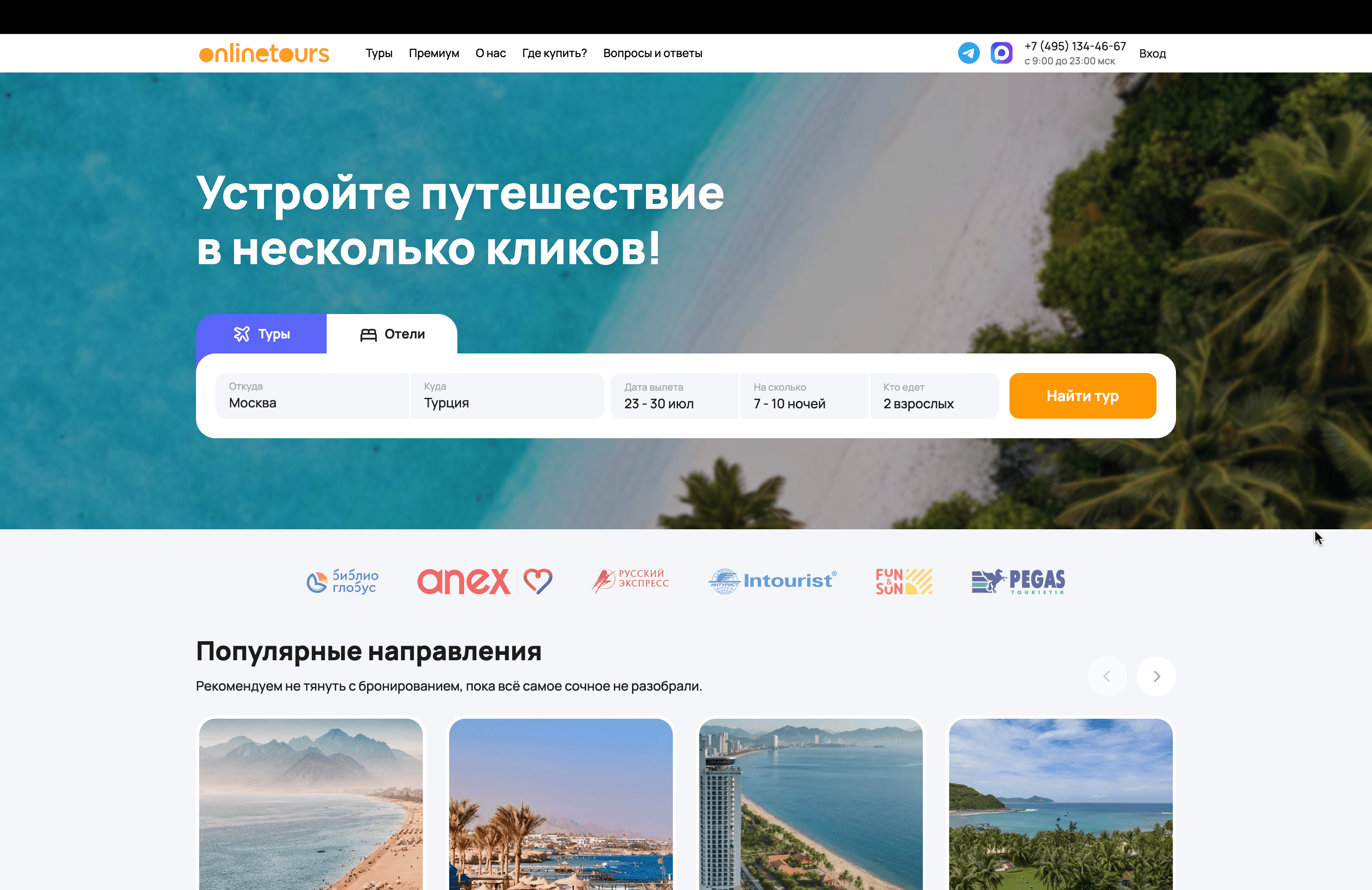 Aggregator homepage for tours and hotels