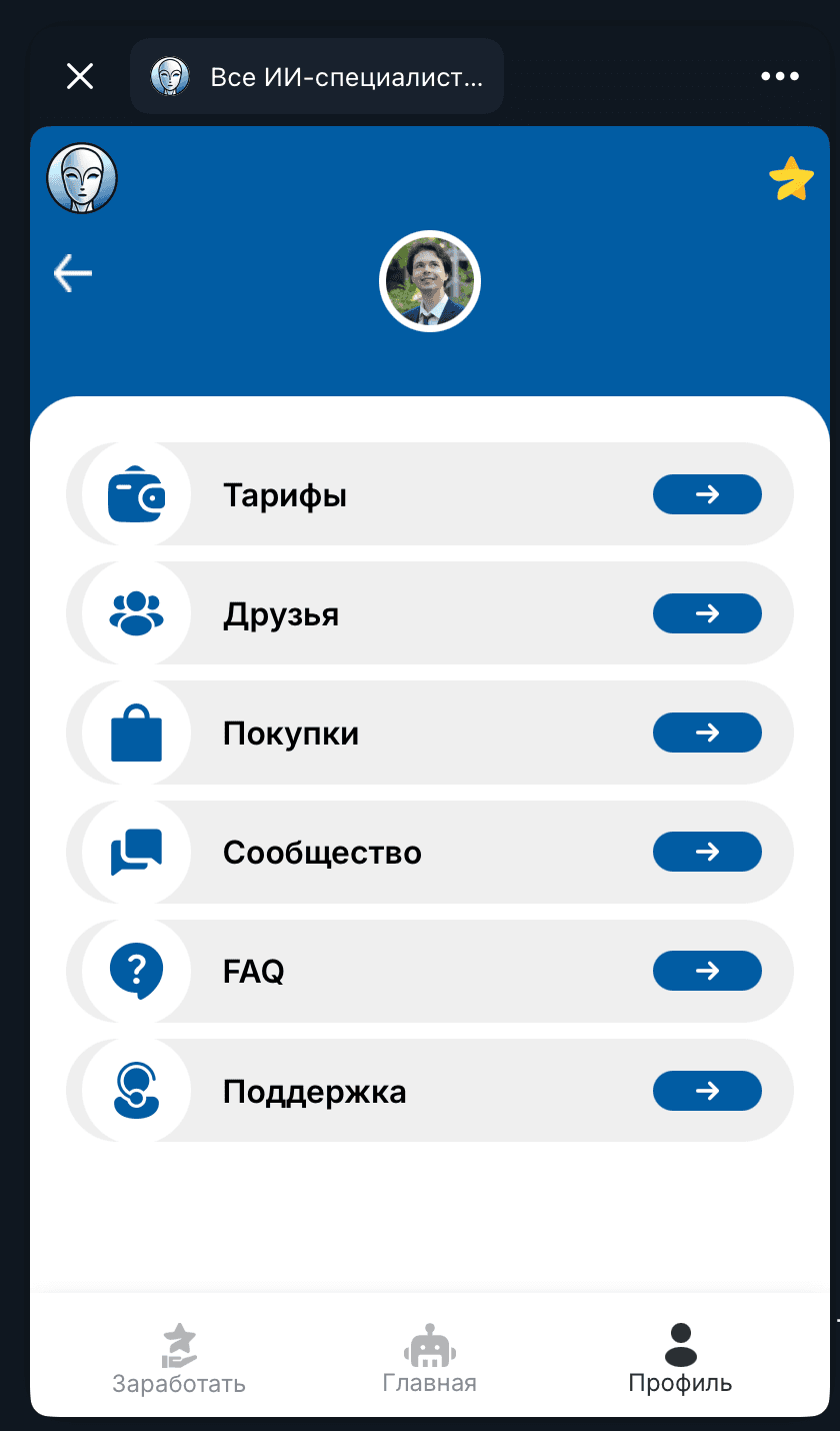 User profile menu in the bot